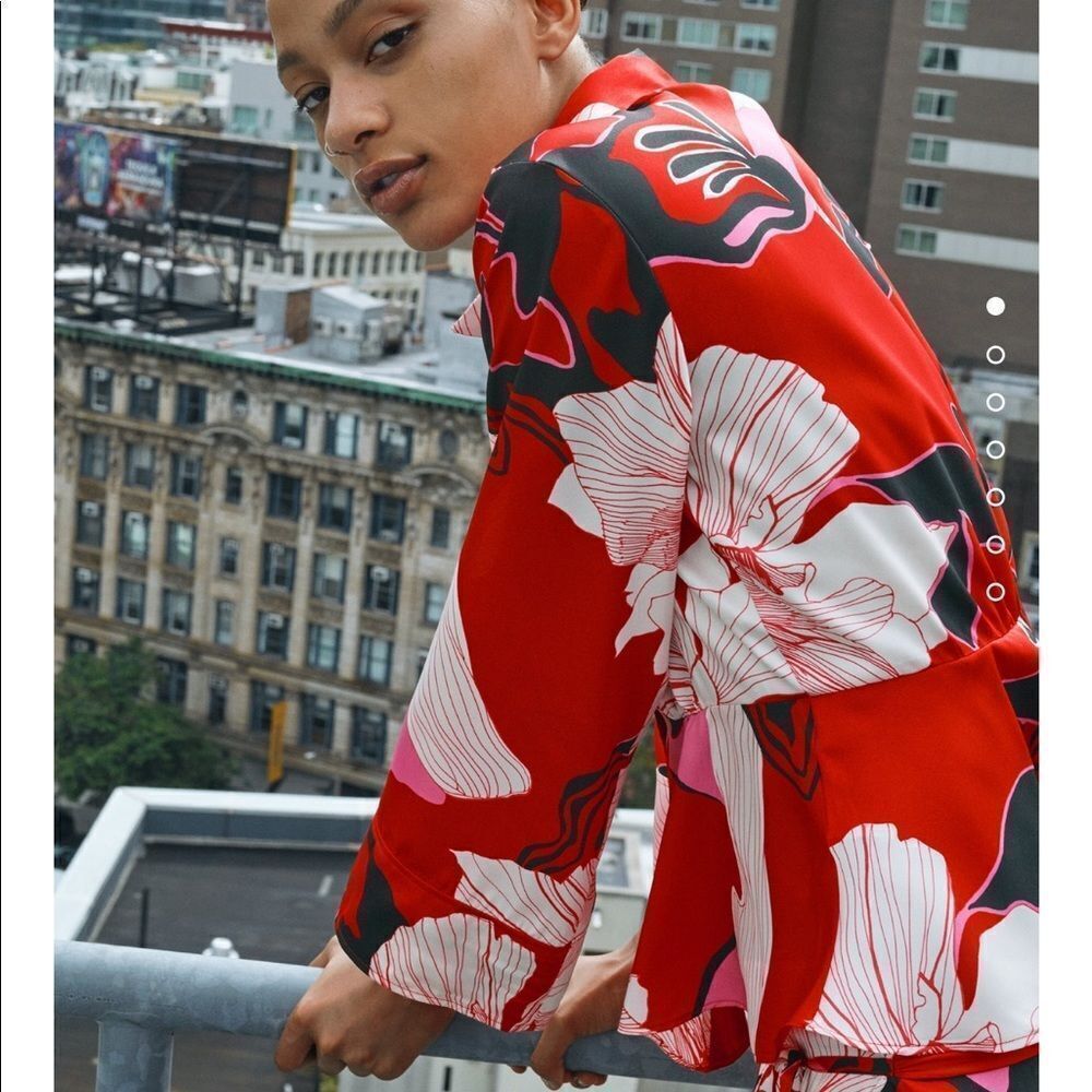 Zara Red Floral Satin Blouse with Black and White Accents